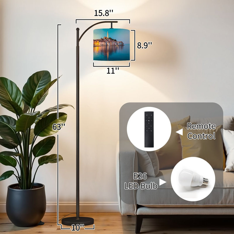 Arc Floor Lamp with Adjustable Lampshade Coastal town Rovinj Istria Croatia Standing Lamp 3 Color Temperatures Dimmable Tall Pole Lamp with Foot Switch for Bedroom