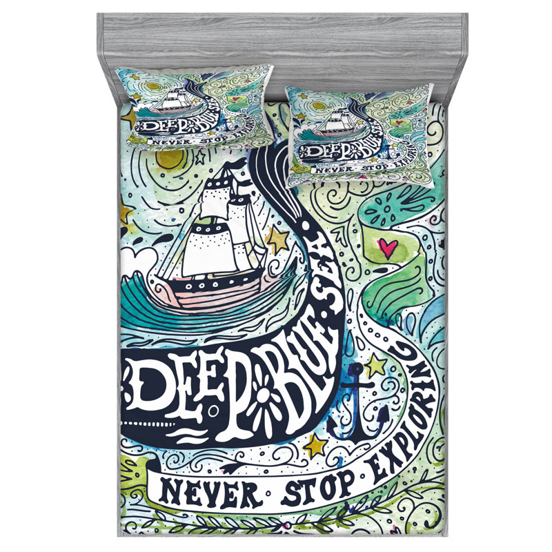 Ensemble de draps Whale On Wavy Ocean, Ensemble de draps pour lit double avec 2 taies d'o