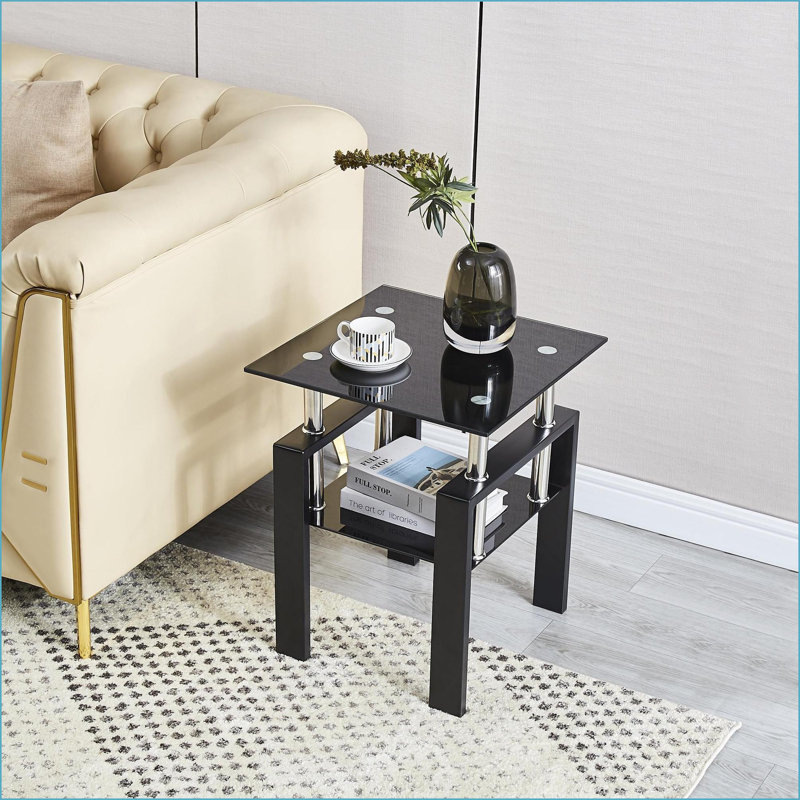 Tempered Black Glass 2-Layer Coffee Table, Space-Saving Easy-Clean for Living Room Sofa Side