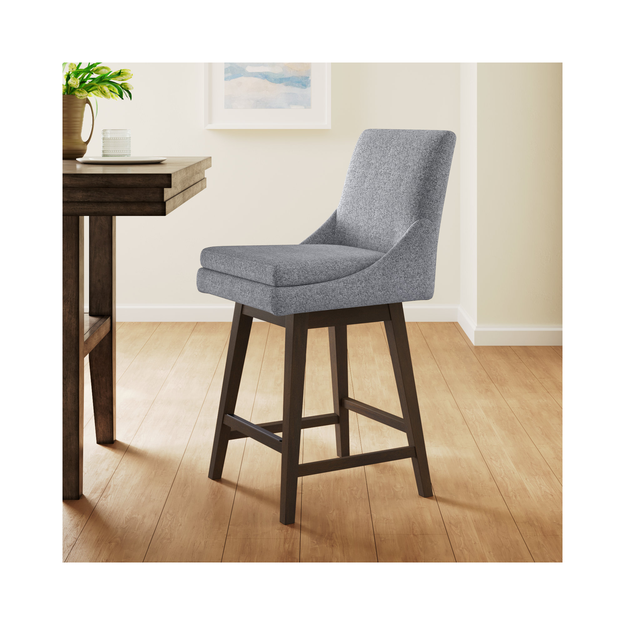 Zahara Swivel Upholstered 26'' Counter Stool, Nathan Gray Tweed/Walnut