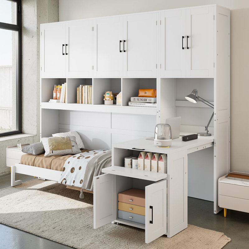 Lit escamotable simple de taille simple avec garde-robe et 2 tiroirs de rangement, configuration d'armoire gauche / droite personnalisable, lit mural sans sommier