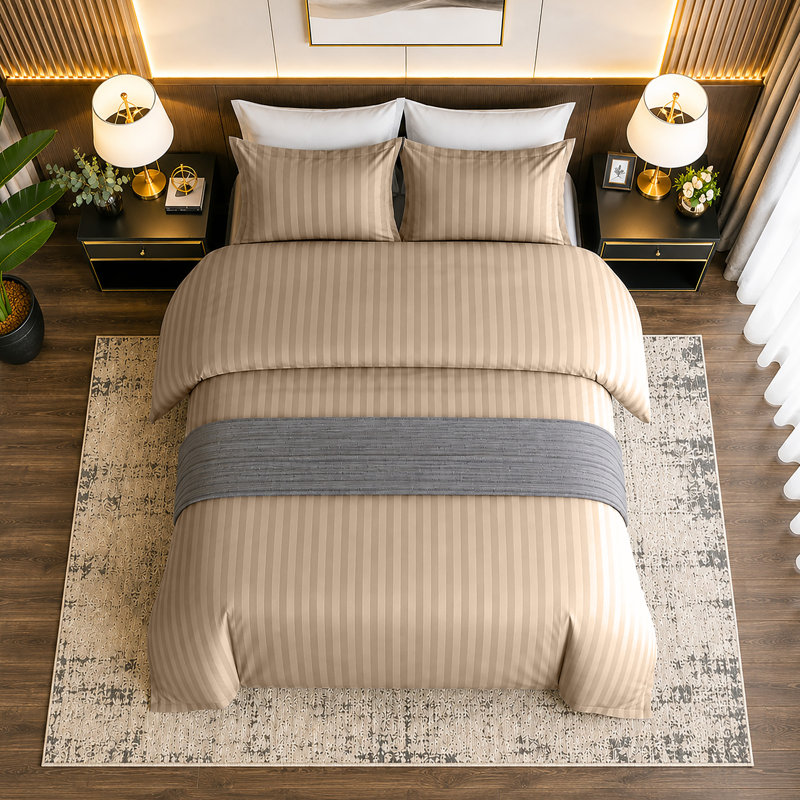 Haffa Microfiber Striped Duvet Cover Set with Pillowcases, Double Duvet Cover + 2 Standard Pillowcases, Beige