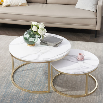 Nesting Coffee Tables, Marble Effect MDF Round Tabletop with Gold Metal Frame for Living Room