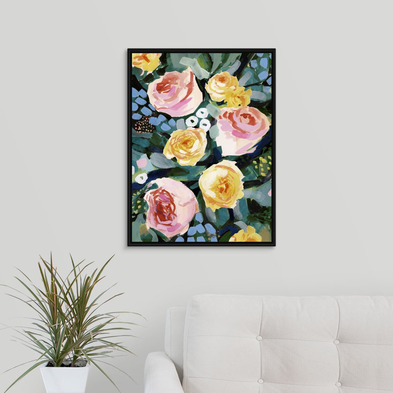 « fleur mélangée ii », peinture sur toile, Cadre flottant noir, H 17,7 po x l 13,7 po x P 1,75 po