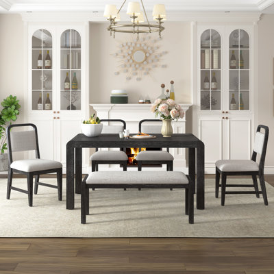 Trexm Vintage Extendable Dining Table Set For 4-6 With 4 Upholstered Chairs And 1 Bench