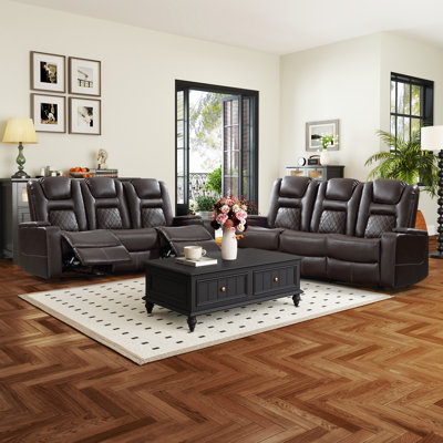 Canapé Alverez de 82,68 po de largeur et moderne en similicuir de qualité supérieure, siège de cinéma maison avec ports USB, porte-gobelets et compartiment de rangement (ensemble de 2)