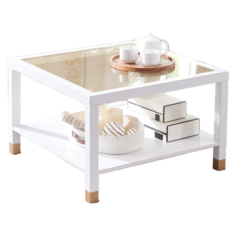 Table basse carrée moderne avec dessus en verre doré et structure en métal blanc