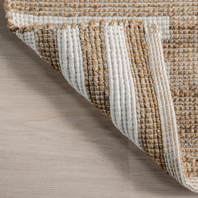 Natural Tan and White Striped Cotton Jute Rug, 4' x 6'