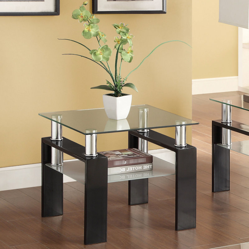 Table de bout carrée en verre noir avec une tablette, élégante et facile à nettoyer et un rangement fonctionnel simple, conserve un style minimaliste