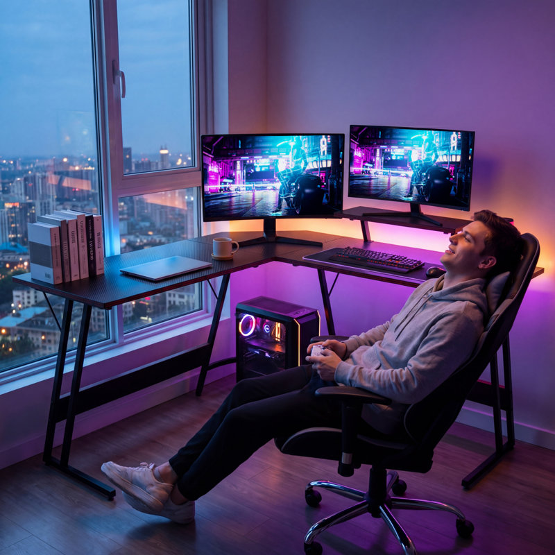 Sherri L Shaped Gaming Computer Desk with Large Monitor Stand, Black, 29" H x 47.24" W x 18" D