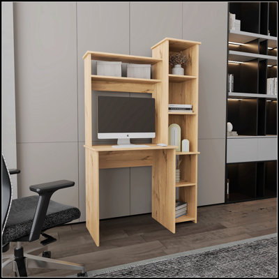 Light Oak 6-Shelf Writing Desk With Built-In Bookcase, For Organized And Stylish Home Office