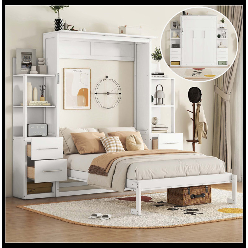 Lit escamotable double pleine grandeur avec tablettes, tiroirs et lumières DEL, blanc