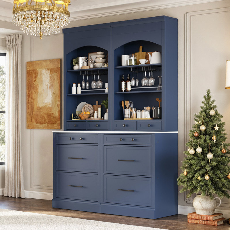 Grand garde-manger 2 pièces avec plateau en faux marbre, 5 tiroirs et tablettes réglables, Bleu