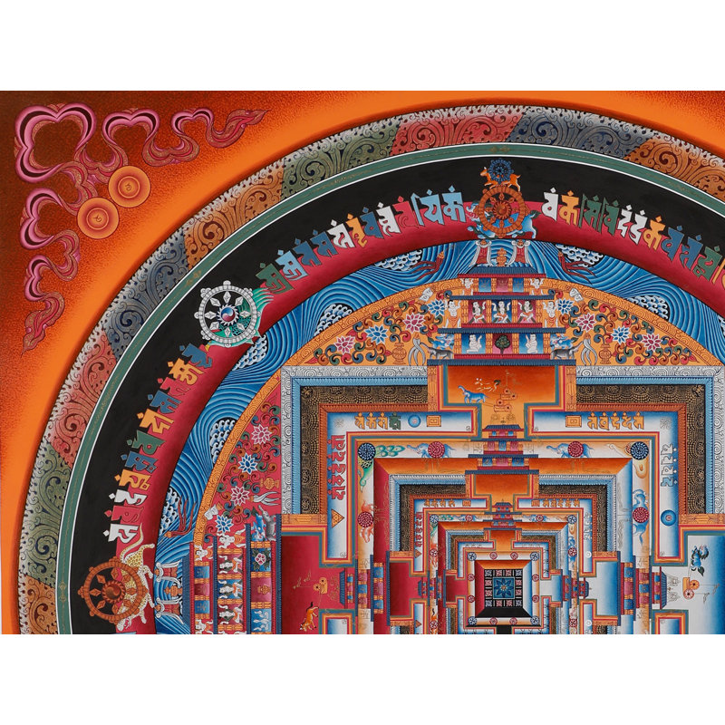 Art de mandala tibétain Kalachakra Time Wheel - Très grand Thangka bouddhiste peint à la main avec des accents en or 24 carats, authentique décoration murale de méditation à géométrie sacrée 35,4 po x 35,4 po