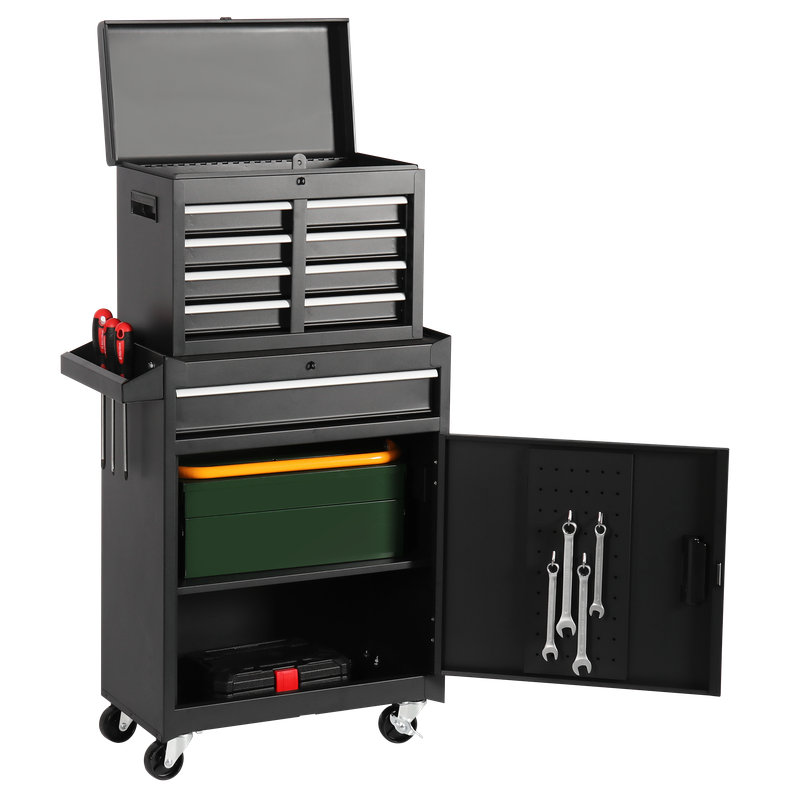 Coffre à outils 5 tiroirs avec armoire - Chariot de rangement amovible et multifonctionnel, Noir
