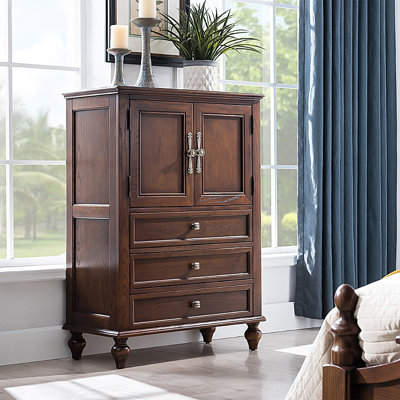 Commode de 31,5 po en bois massif de style américain en brun, armoire de rangement
