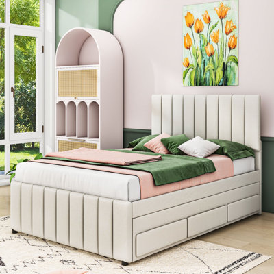Upholstered Platform Bed with Twin Trundle and 3 Storage Drawers