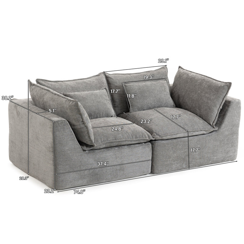 Canapé d'angle modulaire Cloud Comfort, tissu gaufré de 74,8 po de largeur, canapé moderne pour salon, Gris
