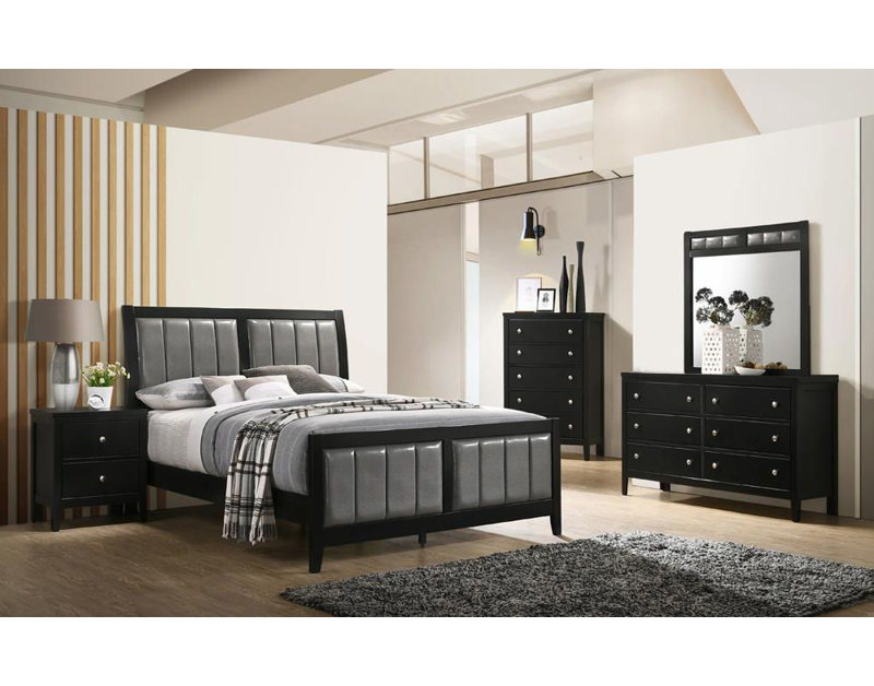 Ensemble de chambre à coucher Meriel, Brun / Noir, Grand lit, Ensemble de 4 pièces : lit, table de chevet, comm