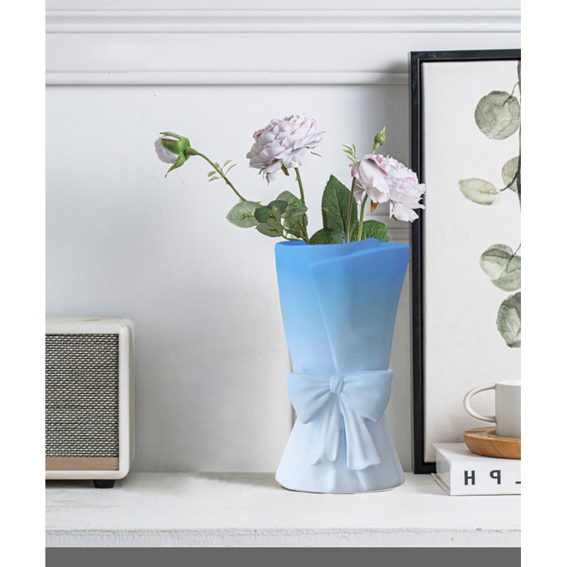 Ceramic Bow Vase,  Decorative Flower Vase, Blue/White