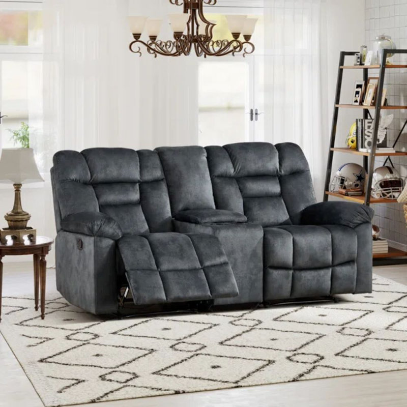 Canapé inclinable manuel moderne en microfibre avec console centrale et porte-gobelets, Gris verdâtre