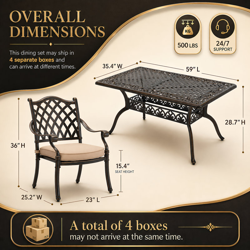 7 Outdoor Dining Set Cast Aluminum Retro Patio Dining Set For 6 Includes 59” Rectangular Table And 6 Chairs With Thicker Cushion And Umbrella Hole For Patio Deck Garden