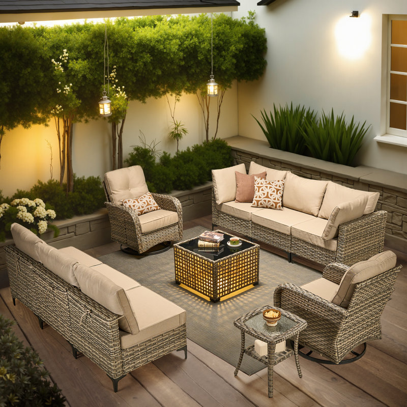 Rattan Outdoor Sofa 11-piece Set With Fire Pit, Beige, No