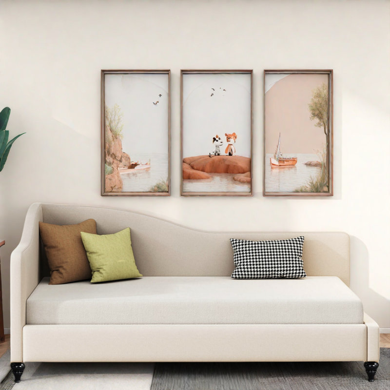 L-shaped Linen Daybed With Solid Wood Legs, Twin, Beige