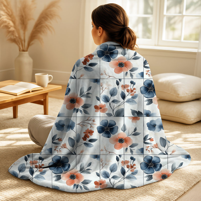 Floral Patch II - couverture en patchwork bleu, jeté en peluche rétro