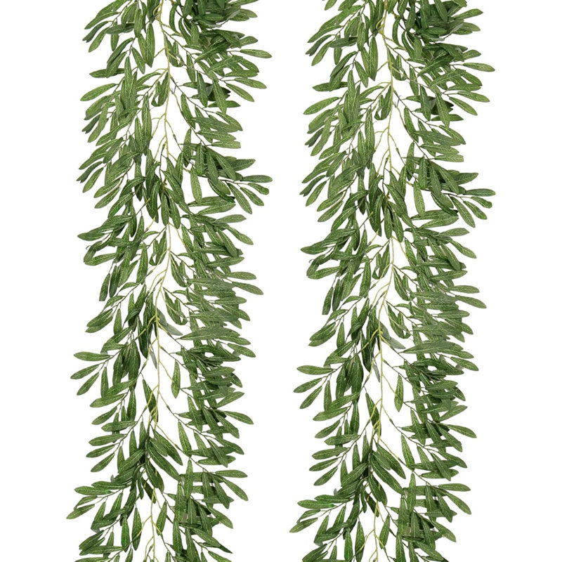 2Pcs Artificial Olive Leaves Garlands 6.2Ft-Fake Hanging Silk Willow Leave Ivy Vines Faux Bayberry Leaf Twigs Greenery Rattan for Indoor Outdoor Wedding Birthday Party Home Garden Table Decor