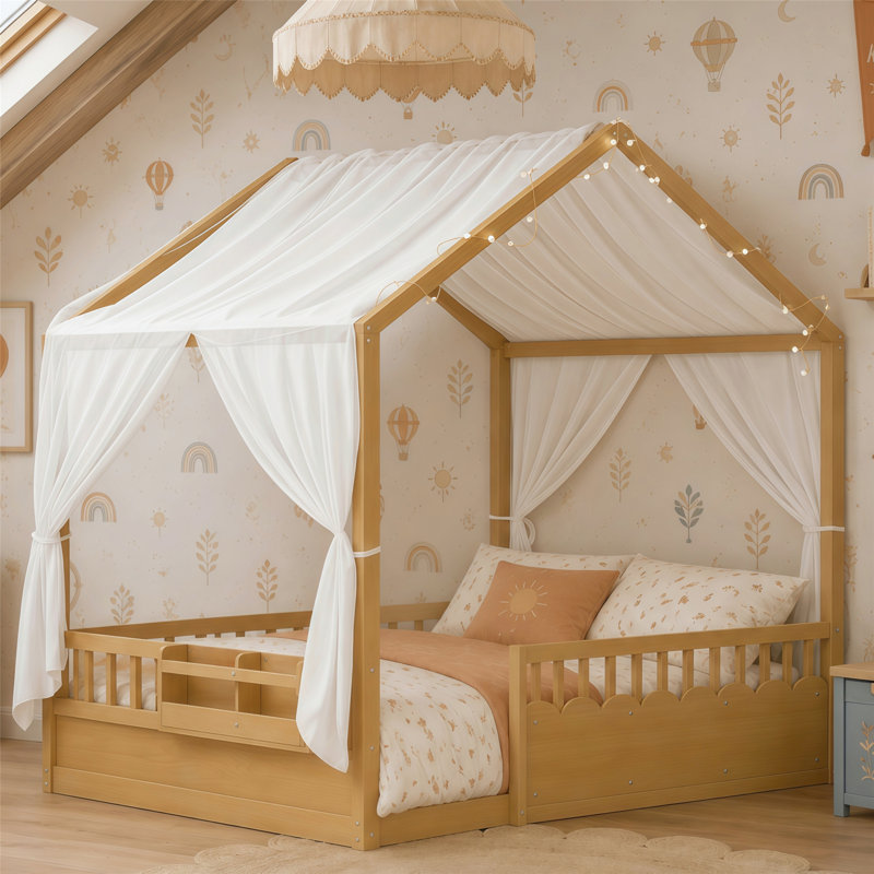 Lit de plancher pour enfants, base de lit en bois avec garde-corps de sécurité, guirlande lumineuse intégrée et tablette