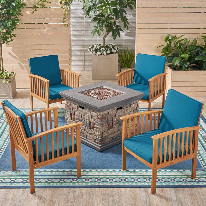 Brnadon Acacia 4 - Person Patio Conversation Set with Cushions, Brown Patina Frame / Dark Teal Cushion
