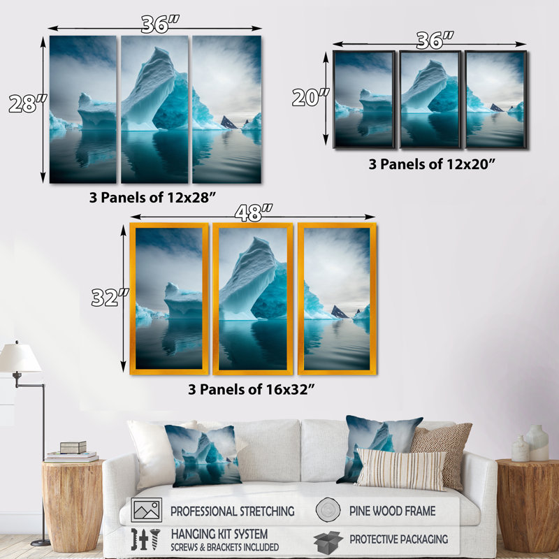 «Floating Majestic North American Iceberg II», reproduction de 3 pièces, H 20 po x l 36 po x P 1 po, Toile tendue
