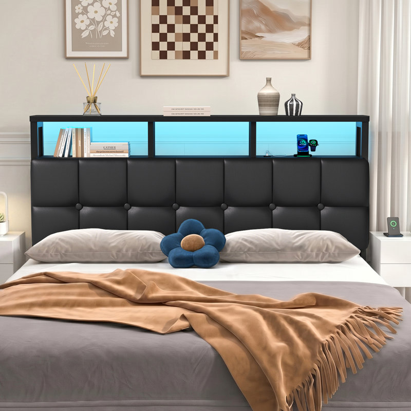 Damerius Upholstered Storage Headboard With Built-In Charging Station, LED Light Strip, Hidden Drawer And Shelf – Tufted Button Design