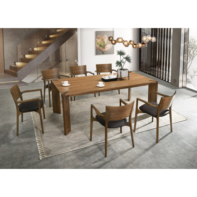 Woodbury - Mid-century Modern Brown Leatherette + Walnut Dining Set