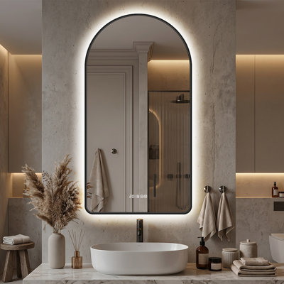 Grand miroir de salle de bain à DEL à fixation murale noir à intensité variable