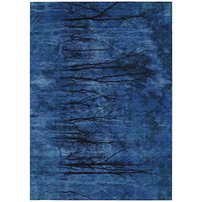 5' X 8' Blue And Charcoal Floral Washable Indoor Outdoor Area Rug