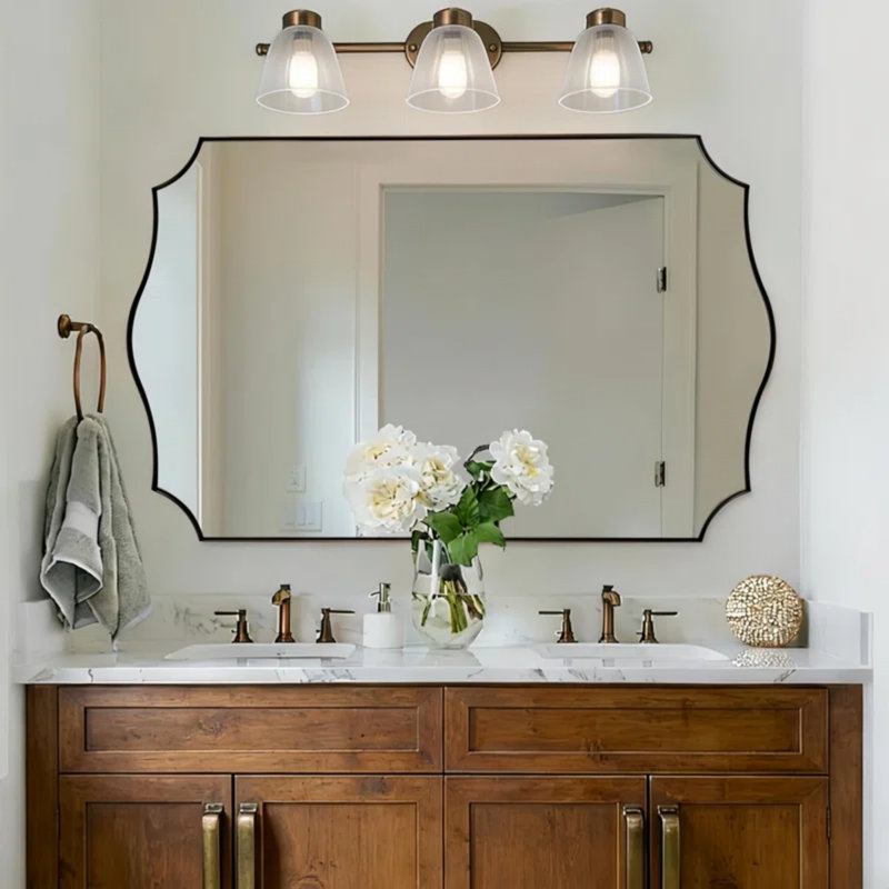 Anayalee Traditional Scalloped Rectangle Bathroom Vanity Mirror | Stainless Steel Frame, 48" x 30", Brushed Bronze