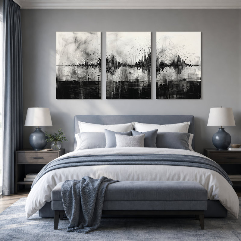 "Black and White", encre noire et blanche, ensemble de 3 toiles abstraites, 36"H x 24"W x 3pcs
