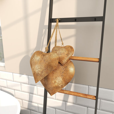 Apolonio Metal Tibetan Inspired Weathered Heart Indoor Outdoor Decorative Bells with Jute Hanging Rope Set
