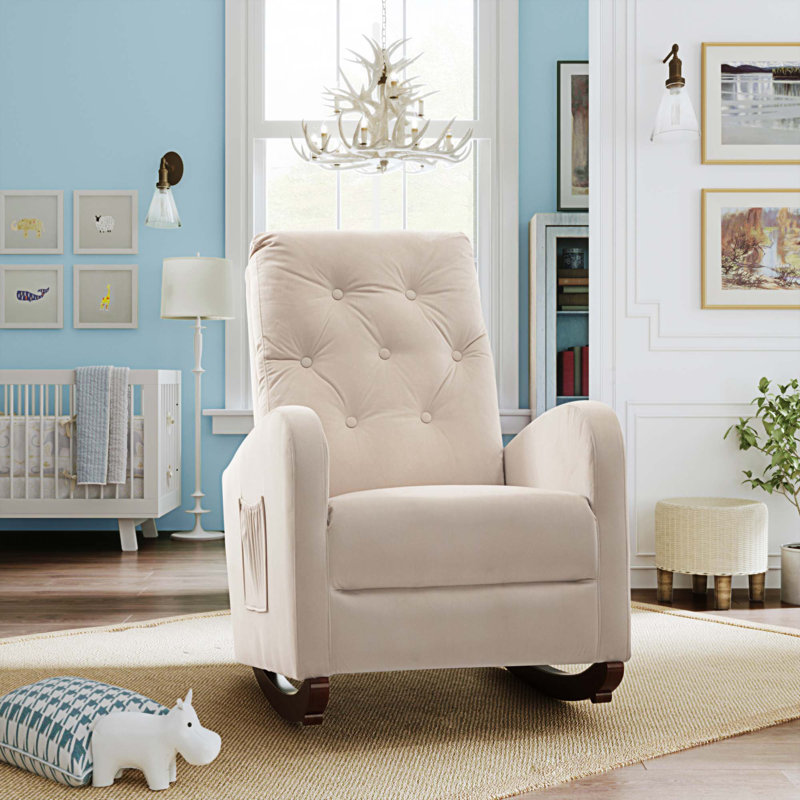 Fauteuil berçant à haut dossier Chrisann, Velours beige