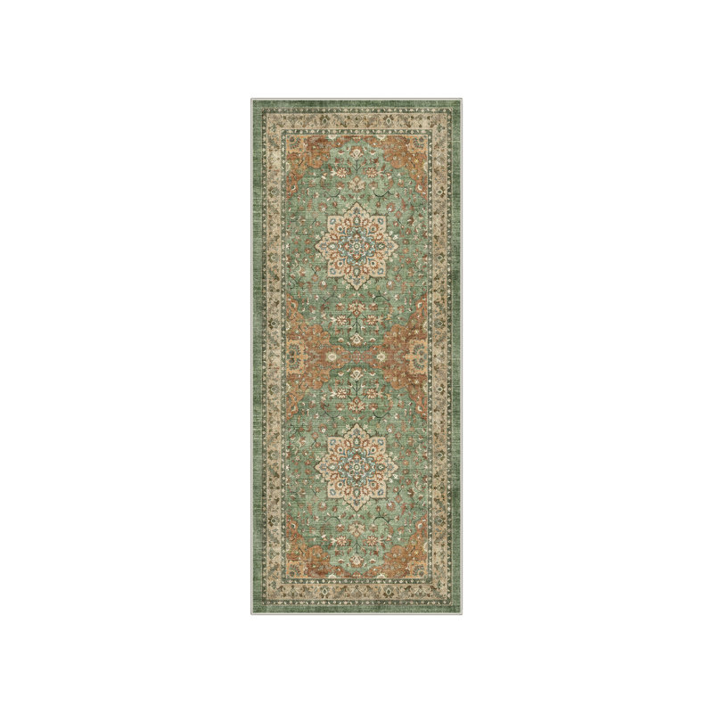 Tapis performance d'intérieur vert / orange / brun avec envers antidérapant Roehit Safran, Tapis de couloir 2 pi x 6 pi