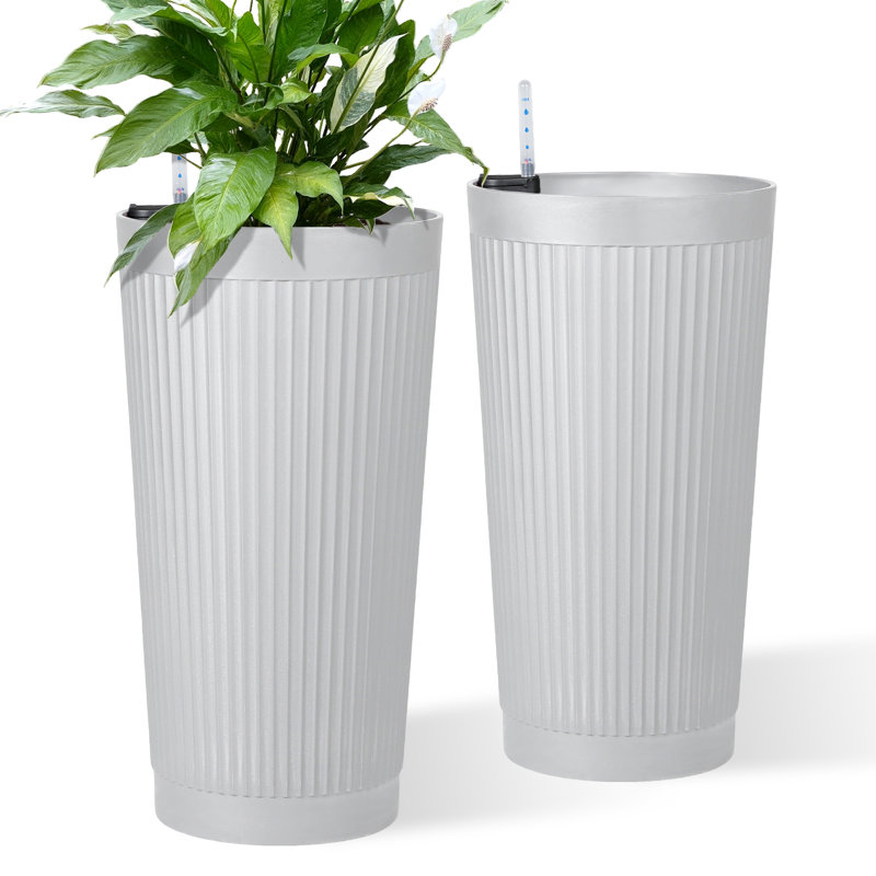 24" H Large Tall Round Planter, Modern Striped Extra Large Plastic Plant Pot for Indoor & Outdoor Plants, Decorative Floor Planter for Patio, Porch & Home Décor