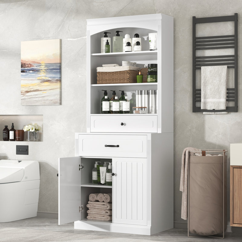 Armoire de rangement blanche avec quatre portes, tiroirs, tablette réglable et six tablettes ouvertes