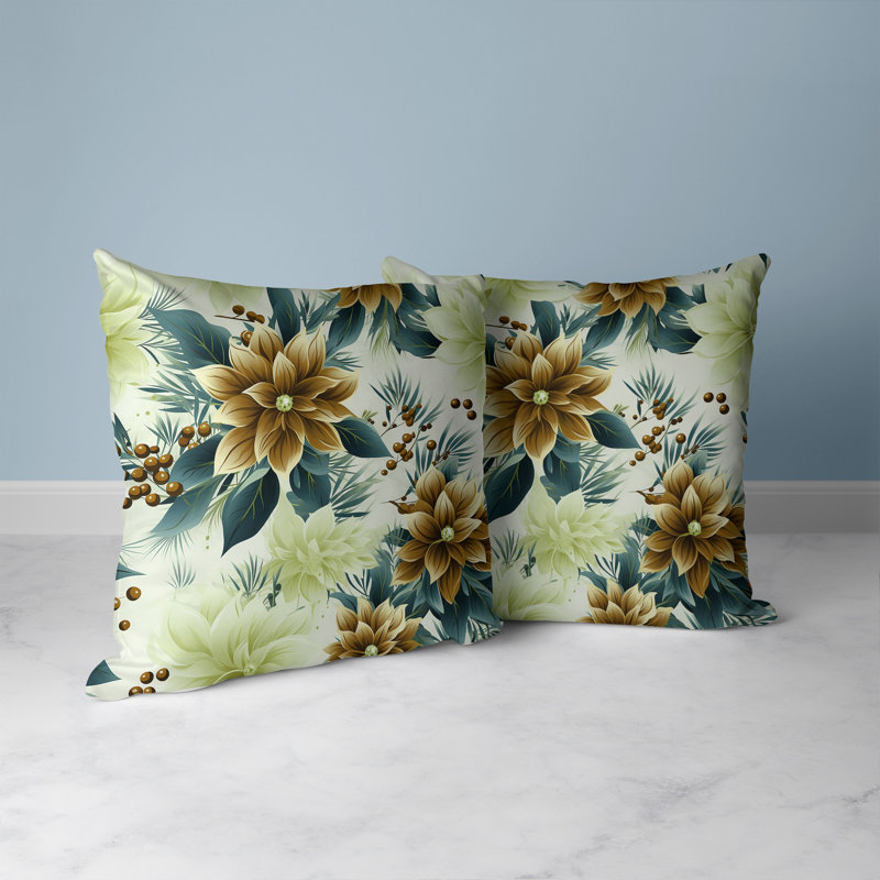 Holiday Floral Blue and Coffee Square Throw Pillow