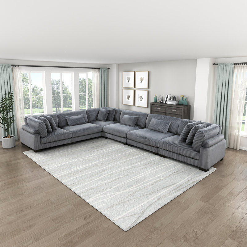 Canapé d'angle modulaire moderne en velours côtelé Brinsley 6 pièces 135 po avec ressorts ensachés, dossiers réglables et 9 coussins