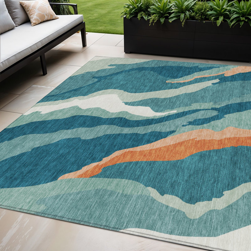 Tapis extérieur bleu sarcelle lavable abstrait 5 pi x 8 pi
