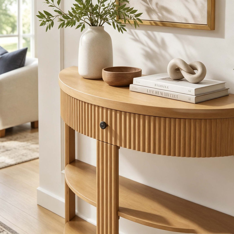Console cannelée demi-lune avec tiroir et tablettes, Naturel