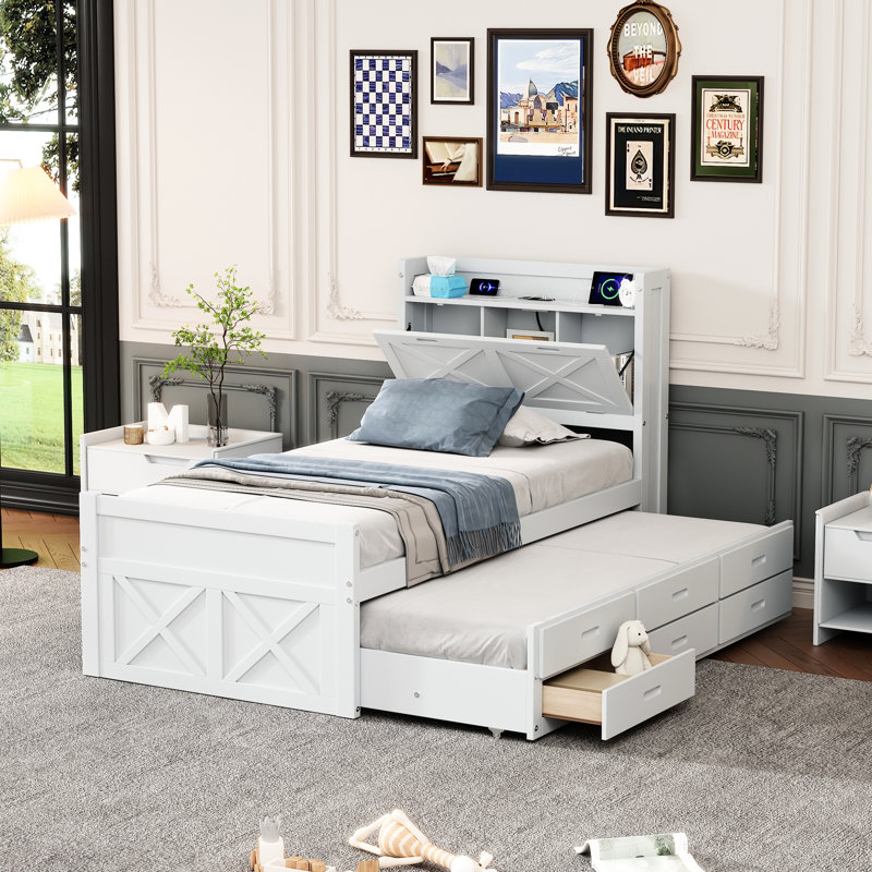 Twin Size Bed With Headboard Outlets & Practical Storage Function Abundant Space Options
