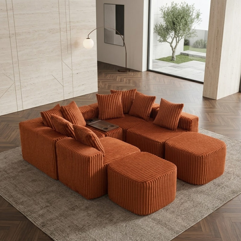 Canapé modulaire en forme de U avec repose-pieds et console intelligente 137,5 po, Orange